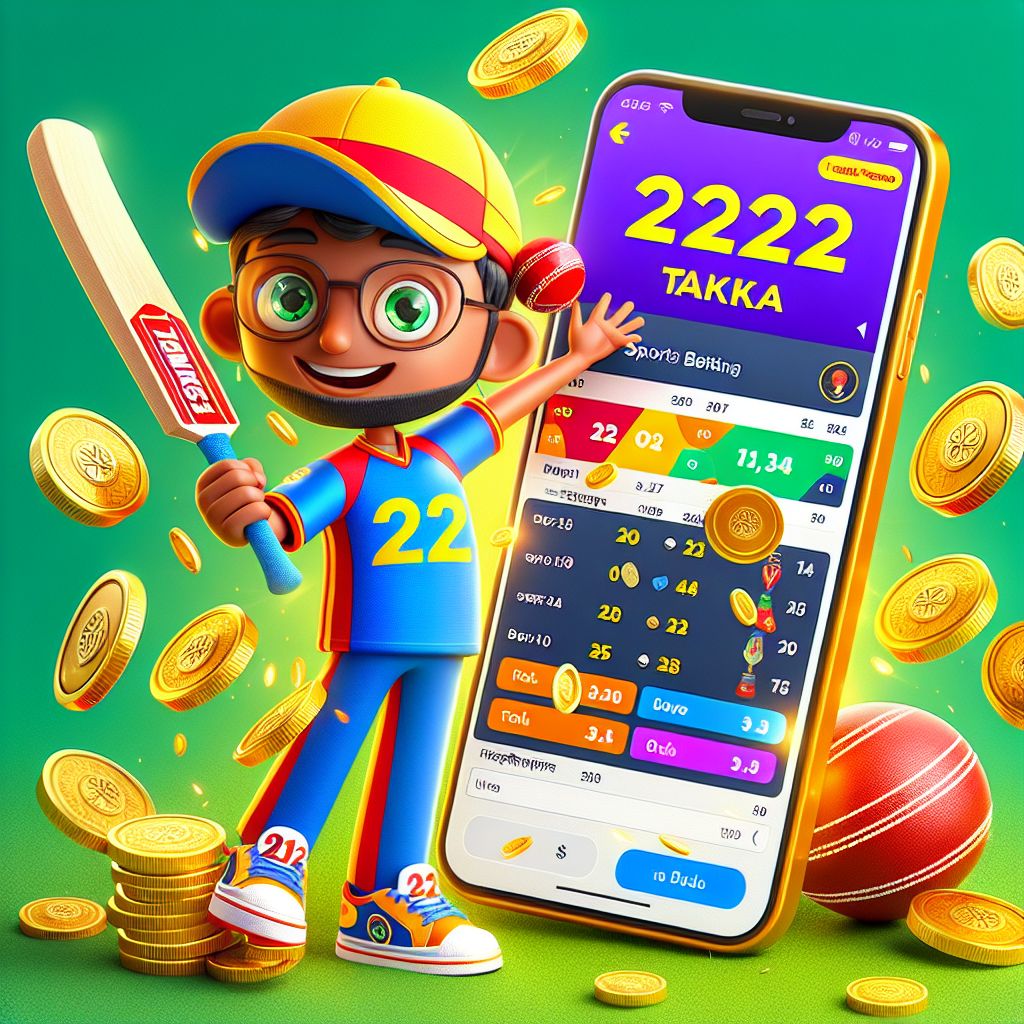 ক্রিকেট এবং ফুটবল আইকনসহ বেট স্লিপ হাতে 222Taka bet কার্টুন চরিত্র